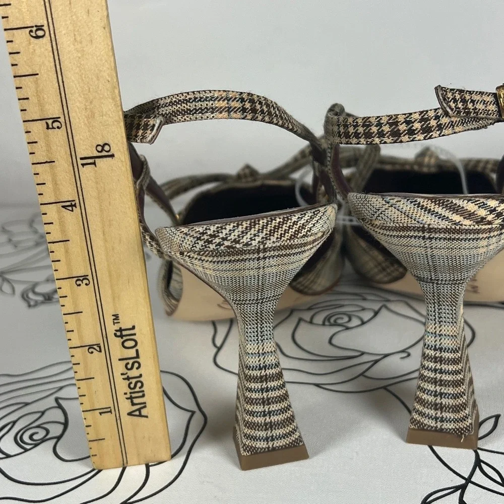 Circus by Sam Edelman Monica Plaid Slingback Pumps Kitten Heel Bow Tan Brown 10